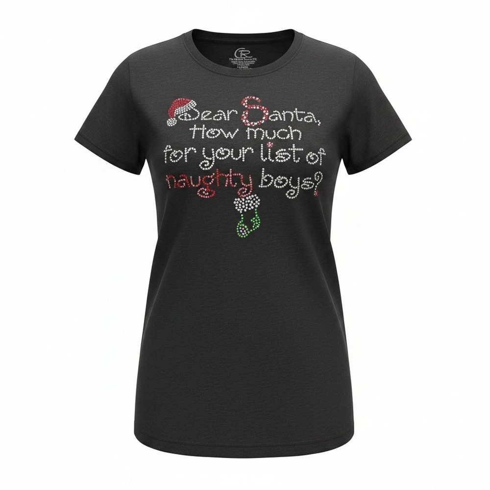 T Shirt The Crystal Ranch Large Women Black Excellent Rhinestone Christmas Santa